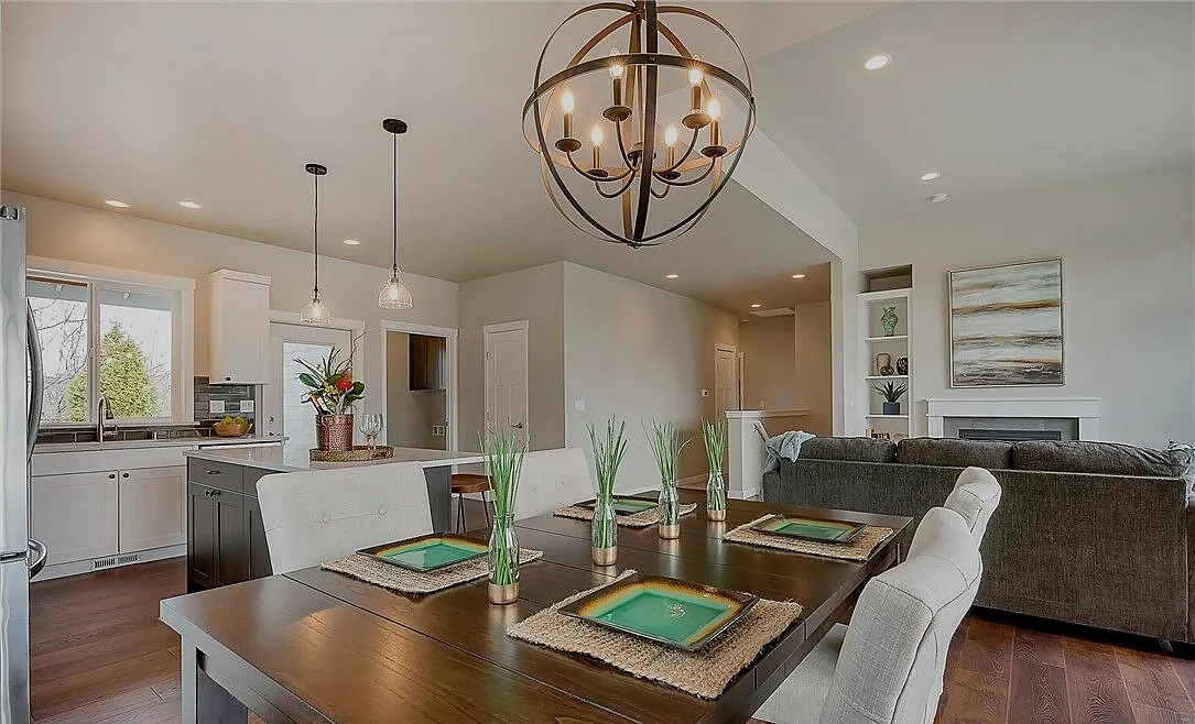 Open kitchen and dining room in a completed home