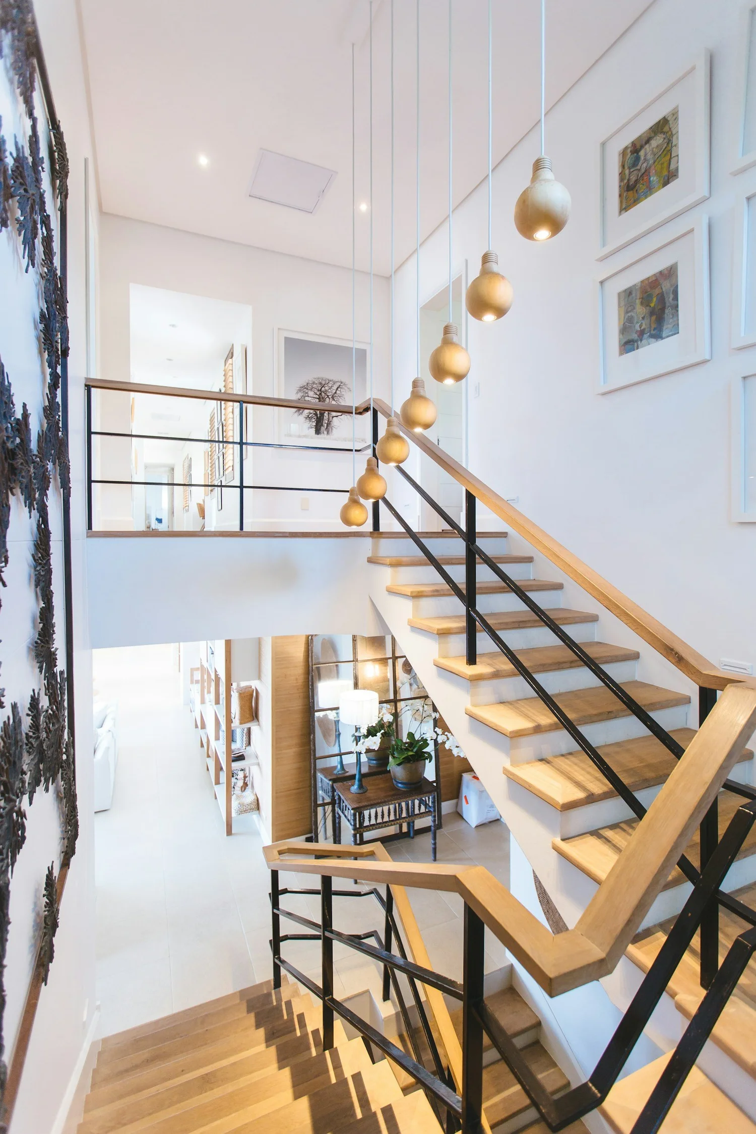 Modern wood staircase in a completed home